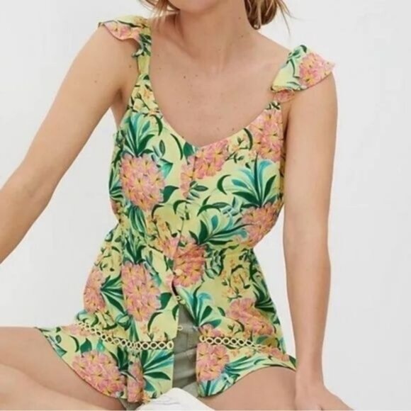 FARM Rio Tops - Farm Rio For Anthropologie Yellow Floral Ruffled Tank Button Front Top Large